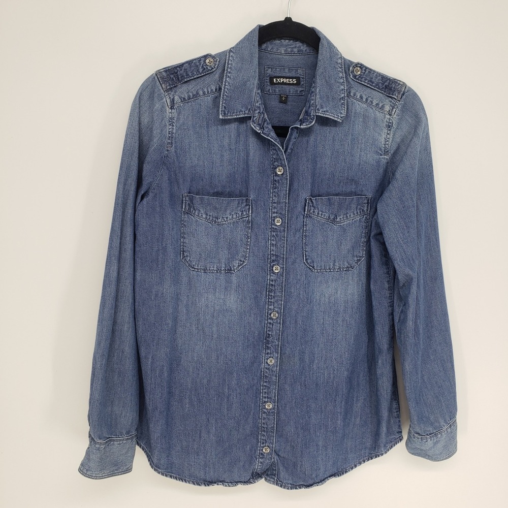 Express Western Denim Button Down Shirt Womens Small Blue Cotton Rayon Epaulets
